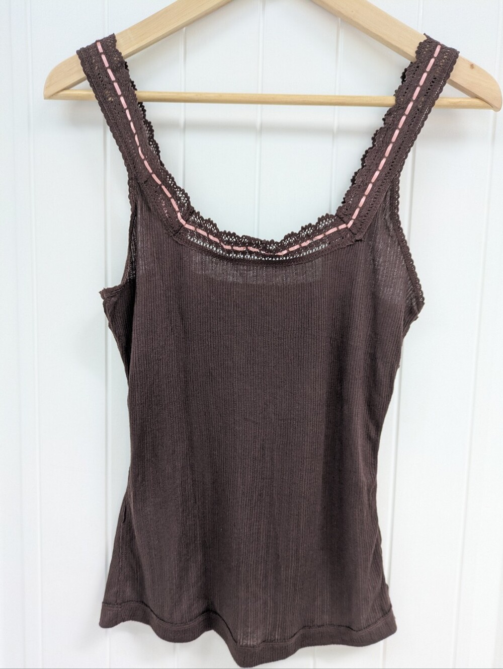 Intimately Free People Brown Lace-Trim Ribbed Tank Top - Pink Accent